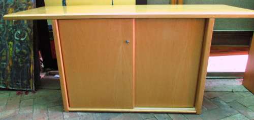 MAPLE CREDENZA WITH EXTRA LONG OVERHANGING TOP