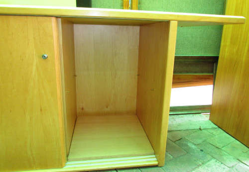 MAPLE CREDENZA WITH EXTRA LONG OVERHANGING TOP
