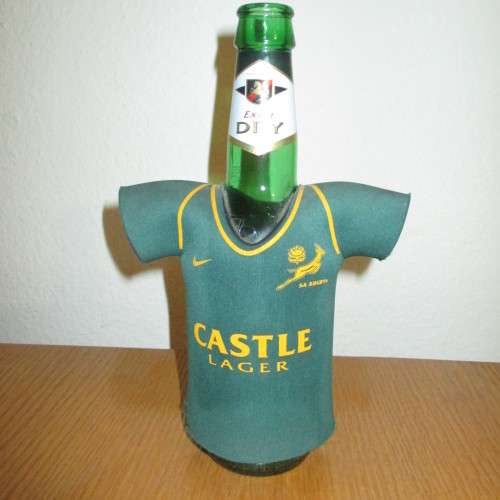 ****BEER BOTTLE WITH SPRINGBOK RUGBY SHIRT (CASTLE LAGER) TO KEEP YOUR BEER COLD WHILE DRINKING****