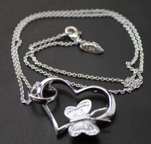 PRETTY STERLING SILVER HEART BUTTERFLY NECKLACE