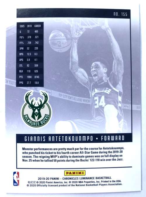 2019-20 Panini Chronicles Luminance Giannis Antetokounmpo #155