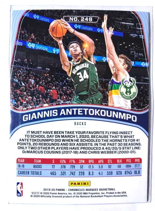 2019-20 Panini Chronicles Marquee Giannis Antetokounmpo HOLO FOIL Bucks #248