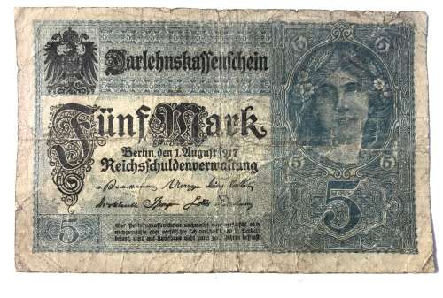 1917 Germany 5 Mark Bank Note