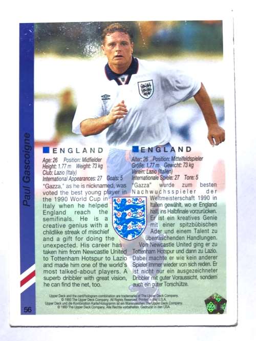 1993 Upper Deck World Cup Soccer Paul Gascoigne 56 Base card