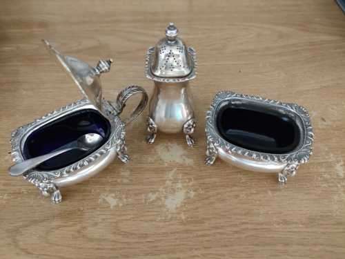 Hallmarked Lowe And Sons Chester - Vintage Mustard/Salt/Pepper with COBALT GLASS  *** RARE ***