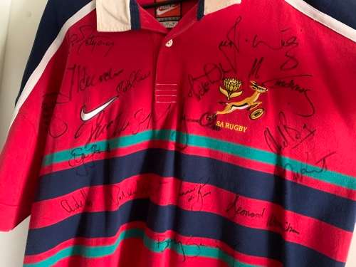 Legendary springbok practice jersey. Mark Andrews. signed by Joost, Ruben, Mark, Rssie Percy etc