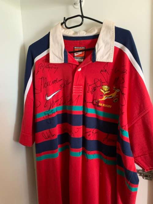 Legendary springbok practice jersey. Mark Andrews. signed by Joost, Ruben, Mark, Rssie Percy etc