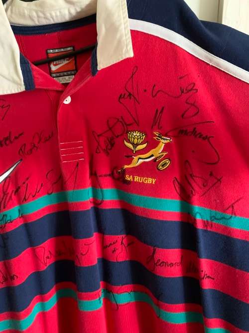 Legendary springbok practice jersey. Mark Andrews. signed by Joost, Ruben, Mark, Rssie Percy etc