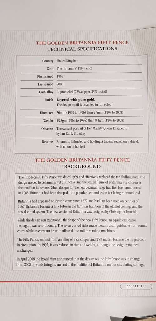 Golden Britannia 50 Pence by the London mint