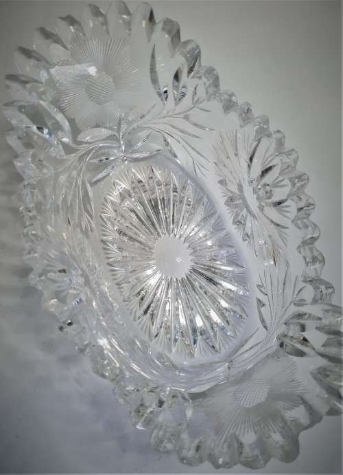 Edwardian Era True Hand Cut Glass Saw Tooth oval bowl