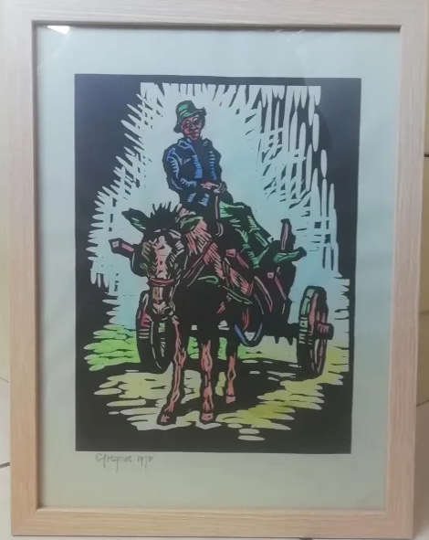 Gregoire Boonzaier (1909 - 2005) - Donkey cart watercolour linocut