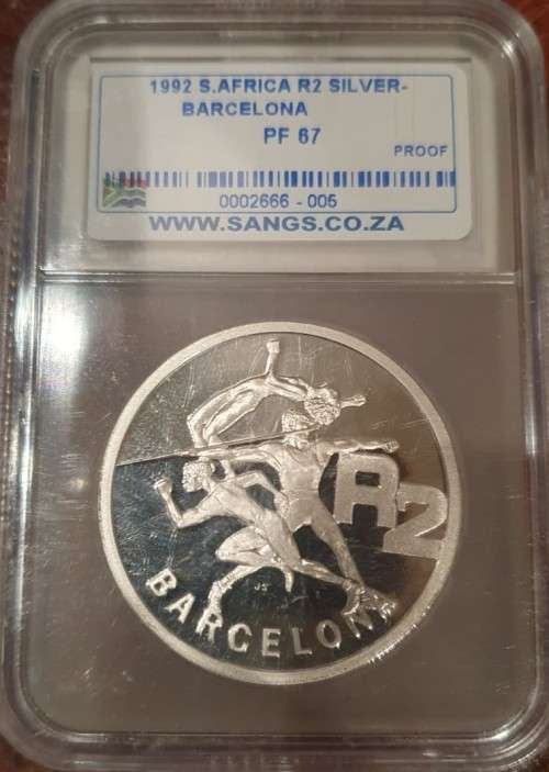 RSA Proof Silver R2 Crown of 1992  Olympics - PF67 - SANGS