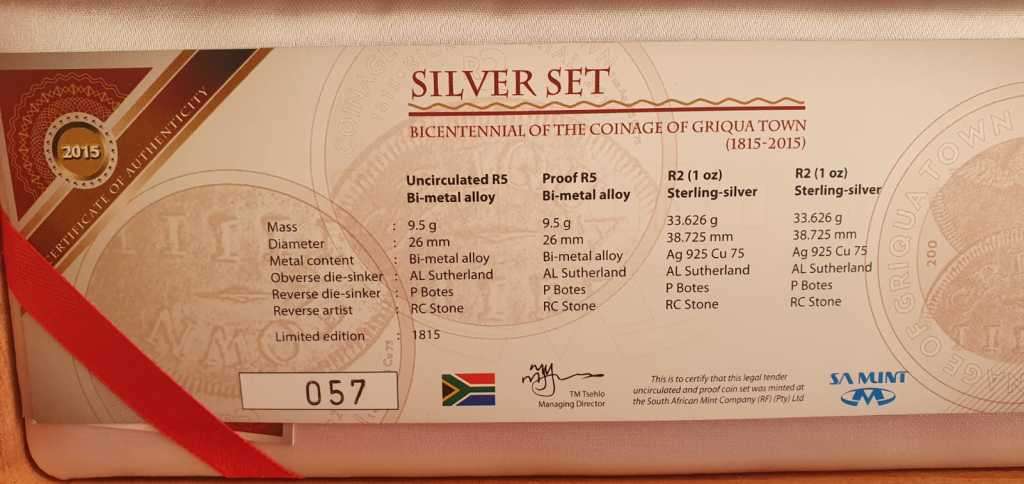 SA Mint 2015 The Coinage of Griqua Town Bicentenary Set