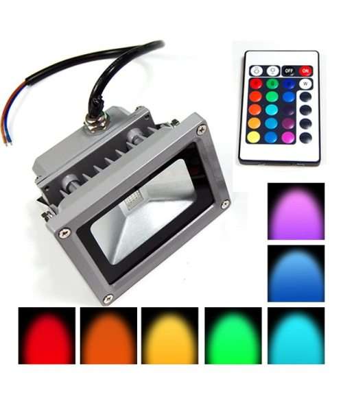 10W RGB LED 220V WATERPROOF FLOODLIGHT + 24-KEY MULTI-COLOUR IR REMOTE CONTROL