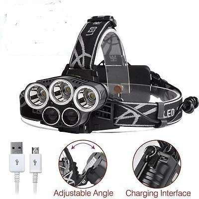 25000LM 5X Cree XM-L T6 LED Headlamp Head Light With USB Charger, x2 18650 batteries