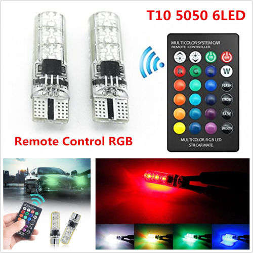 Stock from 6 sets/2x T10 6SMD 5050 RGB LED Car Wedge Side Light Reading Lamp Bulb + Remote Control
