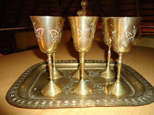 6 X brass goblets on a tray