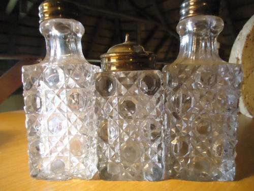 Glass and silver plated salt, pepper and mustard