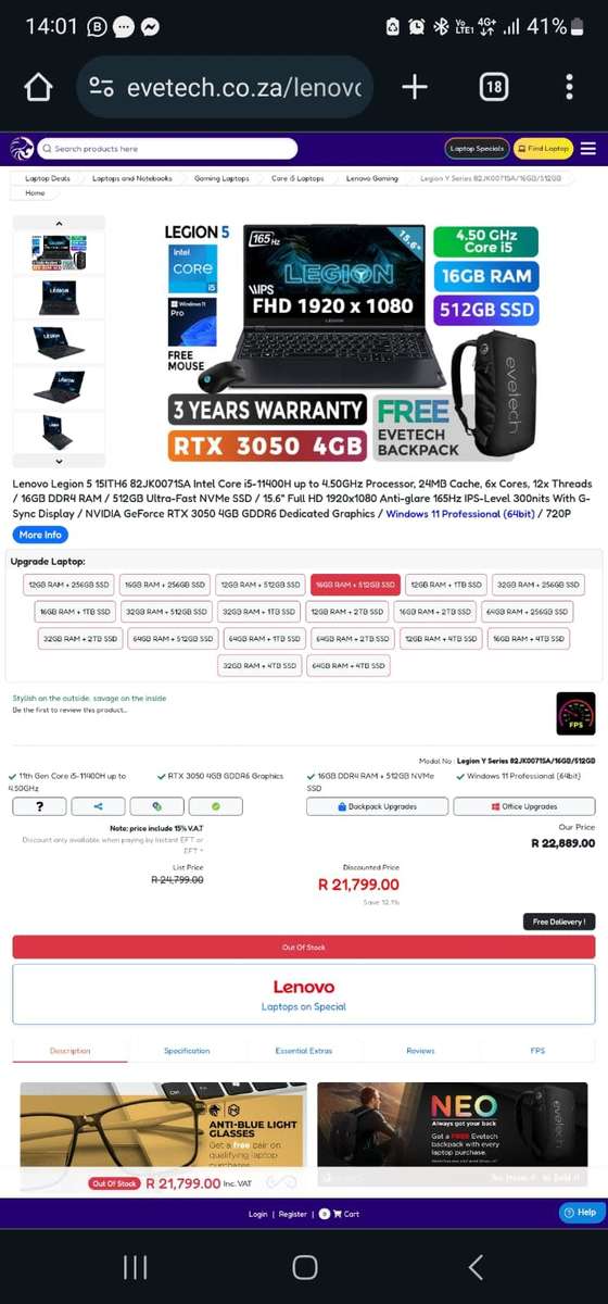 Core i5 11th gen Lenovo Legion 5, 16G RAM, 512 NVMe, RTX3050, 165Mhz, 1 Wnty, FREE BAG, UNBOXED !!!!