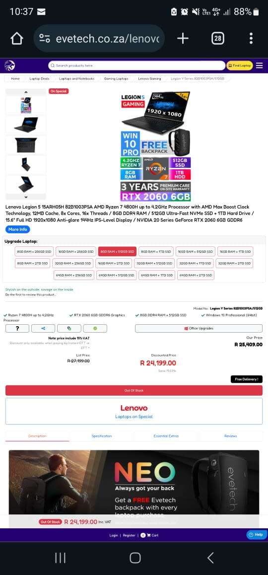 Black Ryzen 7 Lenovo Legion 5 Gaming, 8G RAM, 512 NVMe, 6G RTX2060, 144Mhz, 1y wnty, Like new still