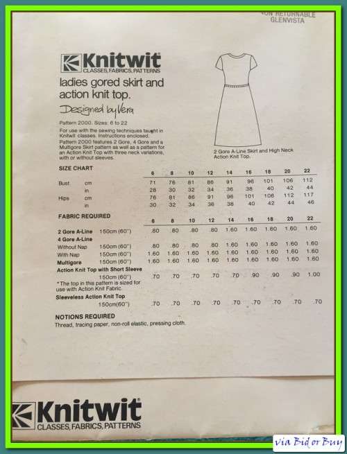COMPLETE - VINTAGE KNITWIT PATTERN 2000: LADIES GORED SKIRT (SIZE 6 - 22)