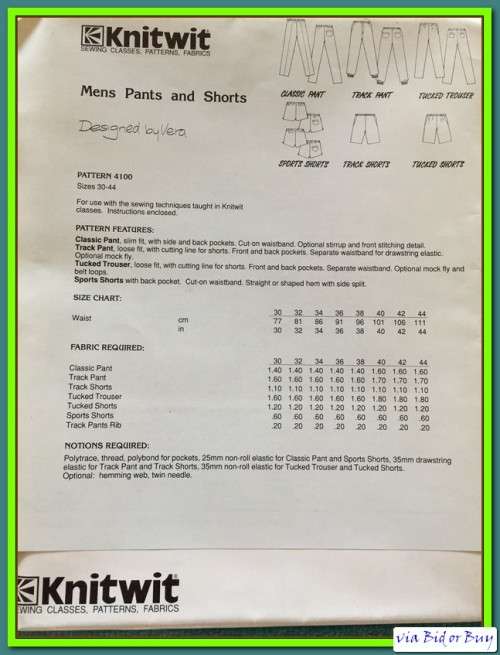 COMPLETE - VINTAGE KNITWIT PATTERN 4100: MENS PANTS AND SHORTS (SIZE 30 TO 44