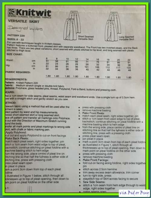 KNITWIT PATTERN 220 (VERSATILE SKIRT) SIZES 6 - 22