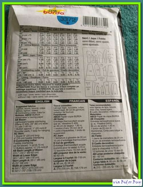 BURDA 3372 BLAZER & SKIRT (UNCUT)(SIZE 8 - 18)