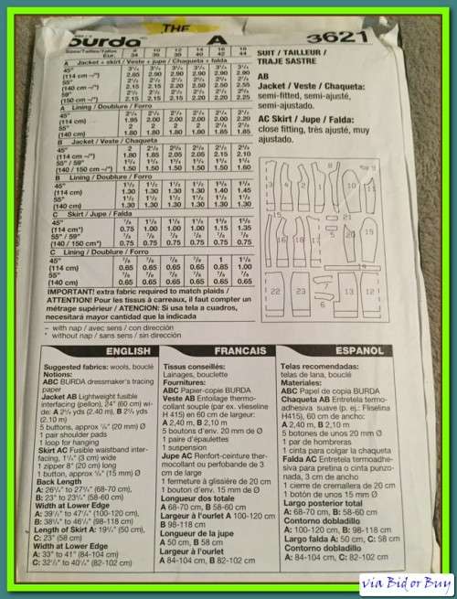 PATTERN BURDA 3621 - SUIT (UNUSED)(SIZE 8 - 18)