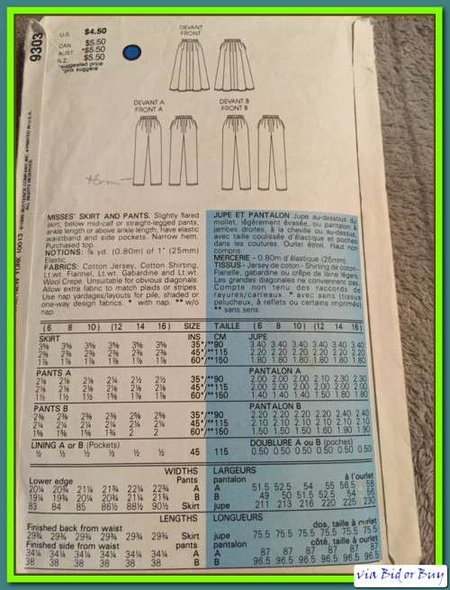 PATTERN VOGUE 9303 - SKIRT AND PANTS (SIZE 6 - 16)