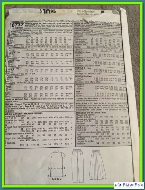 PATTERN VOGUE 8737 - TOPS/PULLON PANTS & SKIRT (UNUSED)(SIZE 8 - 24)