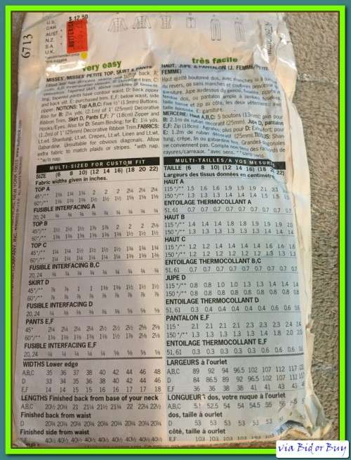 PATTERN BUTTERICK 6713 - TOP/SKIRT/PANTS (SIZE 6 - 22)