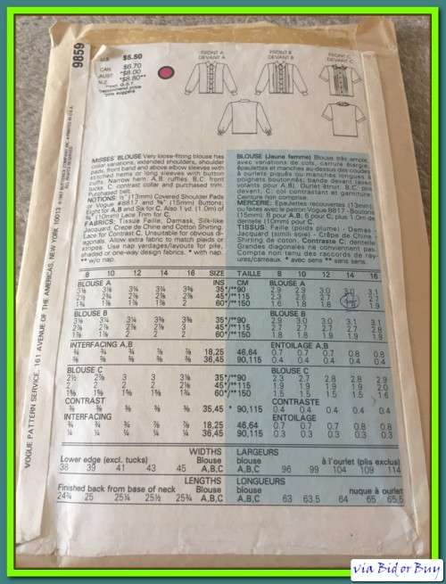 PATTERN VOGUE 9859 - BLOUSE ( SIZE 8 - 16)