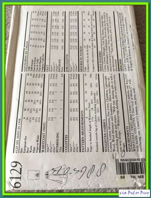 PATTERN NEW LOOK 6129 - WAISTCOAT/CULOTTES (SIZE 8 - 18)
