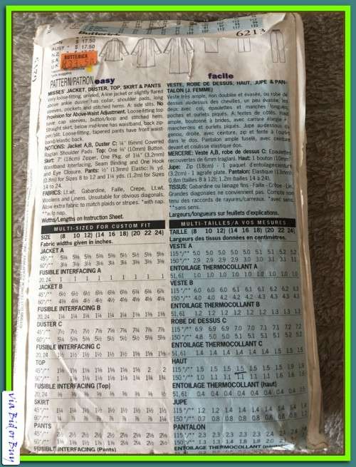 PATTERN BUTTERICK 6213 - JACKET, DUSTER, TOP, SKIRT & PANTS (SIZE 14 - 16, 8 - 24)