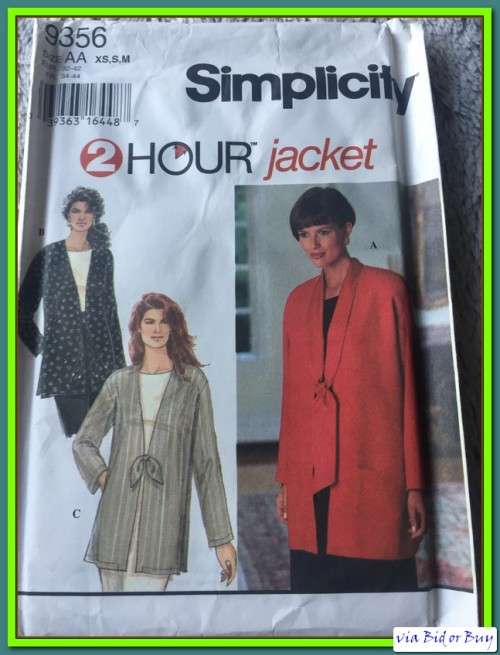 PATTERN SIMPLICITY 9356 (UNUSED) - 2 HOUR JACKET (SIZE XS,S,M 30.5 - 46)