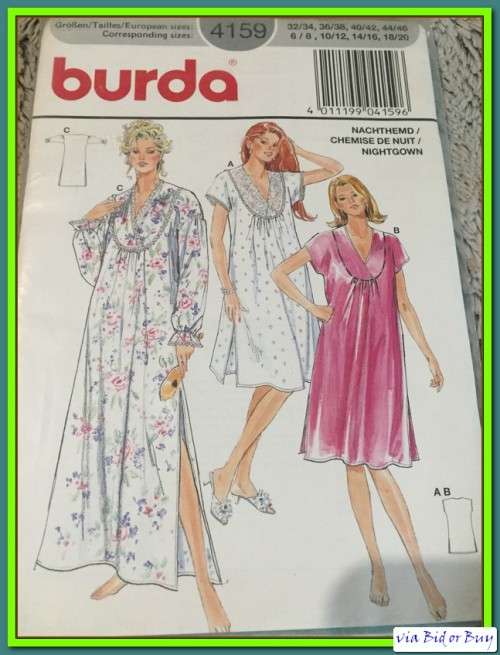 PATTERN BURDA 4159 - NIGHTGOWN (SIZE 6/8, 10/12, 14/16, 18/20)
