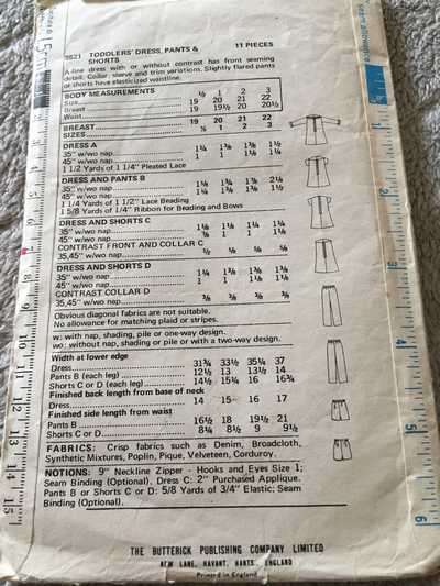 PATTERN BUTTERICK 5521 - TODDLER'S DRESS, PANTS & SHORTS (SIZE 3, 1/2-3)