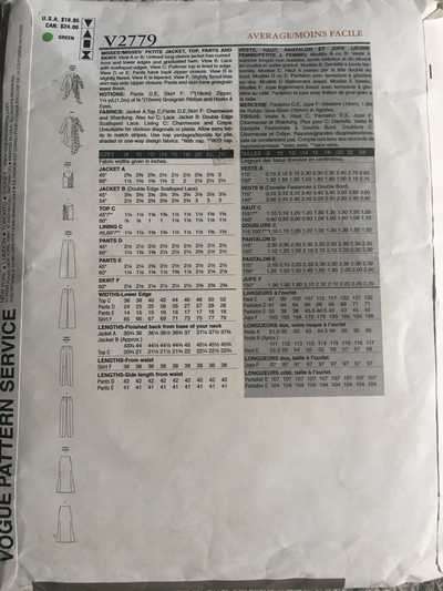 PATTERN VOGUE V2779 - JACKET/TOP/PANTS/SKIRT (SIZE 8-10-12, 8-24)