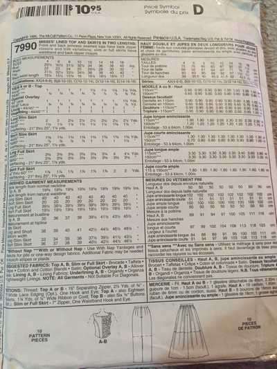 PATTERN MCCALL'S 7990 - LINED TOP AND SKIRT IN 2 LENGTHS (SIZE 10-12-14, 4-18)