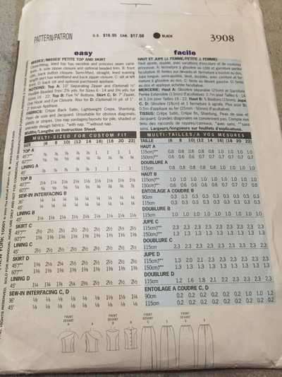 PATTERN BUTTERICK 3908 - TOP AND SKIRT (SIZE 6-8-10, 6-22)