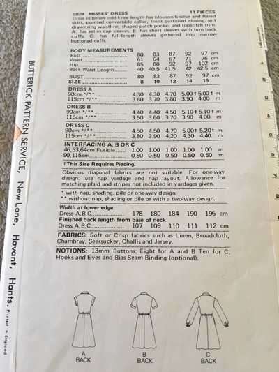 PATTERN BUTTERICK 5924 (VINTAGE) - DRESS (SIZE 12)