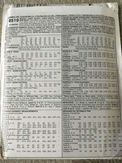 PATTERN MCCALL'S 8519 (UNUSED) - JACKET/DRESS/PANTS/SKIRT (SIZE 10-12-14)