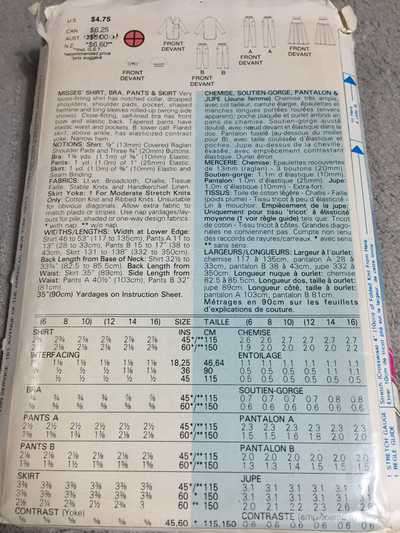 PATTERN BUTTERICK 5674 - SHIRT, BRA, PANTS AND SKIRT (SIZE 6-8-10)