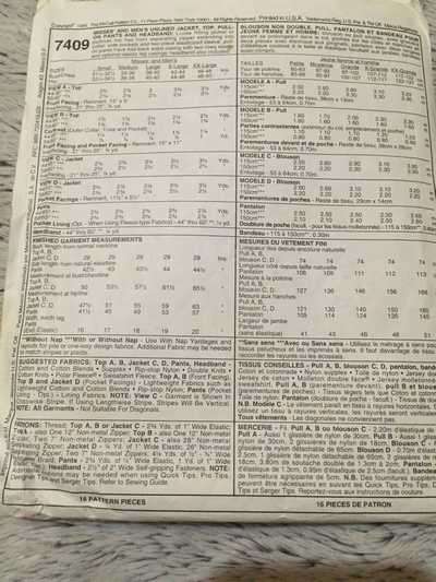 PATTERN MCCALL'S 7409 (PALMER PLETSCH) - MISSES' AND MEN'S JACKET/ TOP/PULL-ON PANTS AND HEADBAND