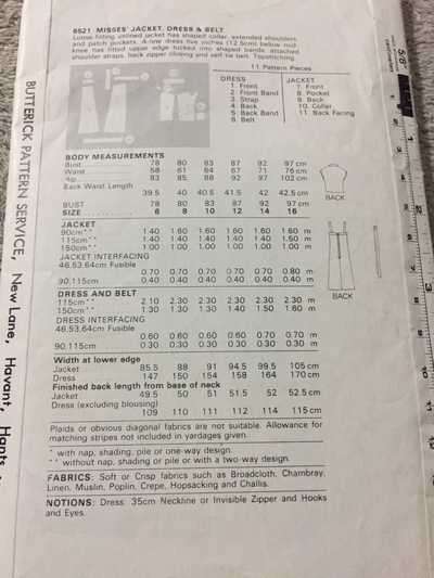 PATTERN BUTTERICK 6521 - JACKET, DRESS and BELT (SIZE 14)