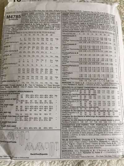 PATTERN MCCALL'S M4785 (UNUSED) - LINED JACKETS, TOP, PANTS AND SKIRT (SIZE 12-14-16-18)