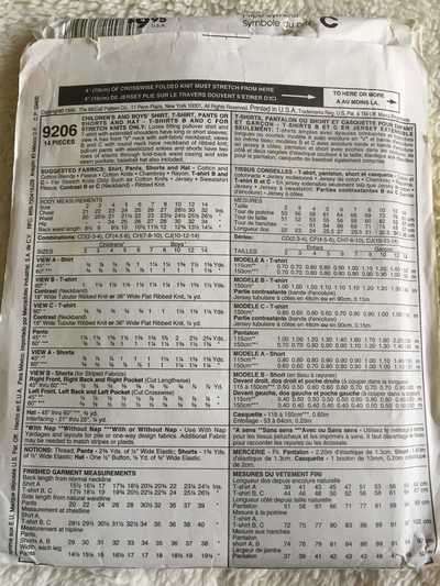 PATTERN MCCALL'S 9206 - BOYS' SHIRT, T SHIRT, PANTS OR SHORTS (SIZE 10-12-14)