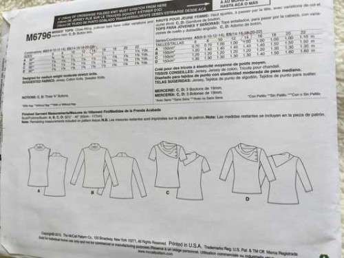 PATTERN MCCALL'S M6796 - TOPS (KNIT MATERIAL) - SIZE 6-14)