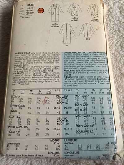 PATTERN BUTTERICK 4039 - COAT (SIZE P-S-M)